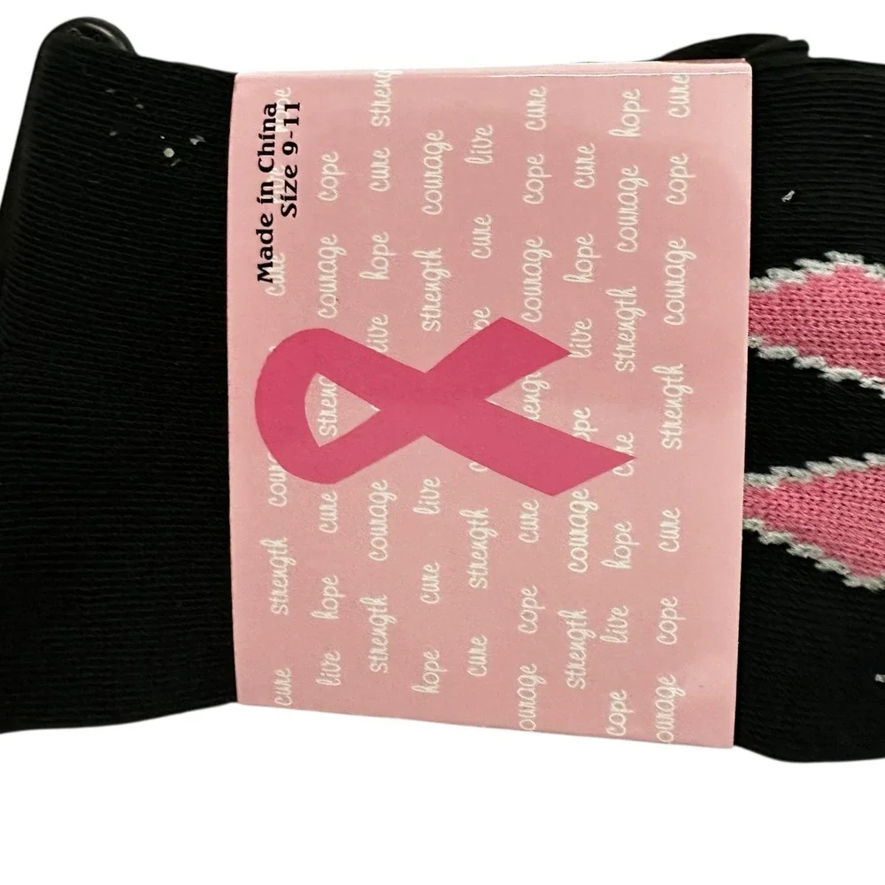 Breast Cancer Awareness Socks Cheerleader Heart Ribbon Black‎ Pink Size 9-11